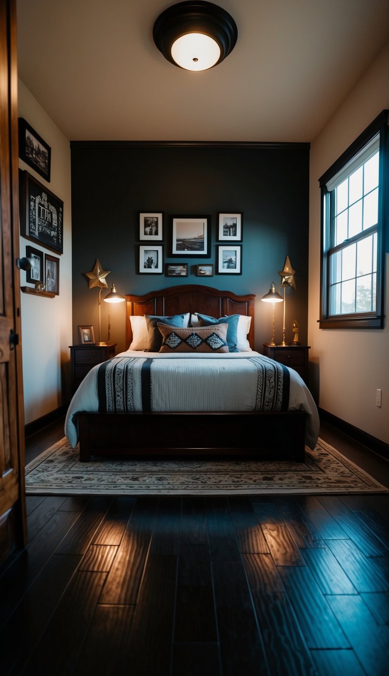 A dimly lit bedroom with dark stained wooden floors, featuring a western-themed decor