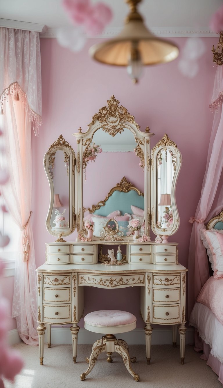 A vintage vanity adorned with ornate details sits in a princess-themed bedroom, surrounded by delicate decor and soft pastel colors