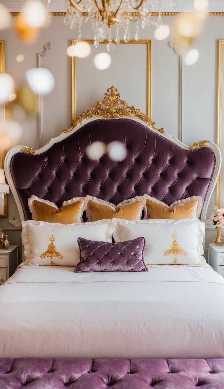 A luxurious velvet upholstered bedhead in a princess-themed bedroom, adorned with elegant details and surrounded by dreamy decor