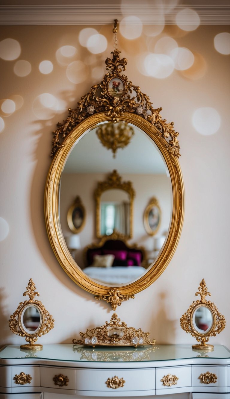 An ornate mirror with a gold frame hangs above a princess's vanity, reflecting the opulent decor of her bedroom