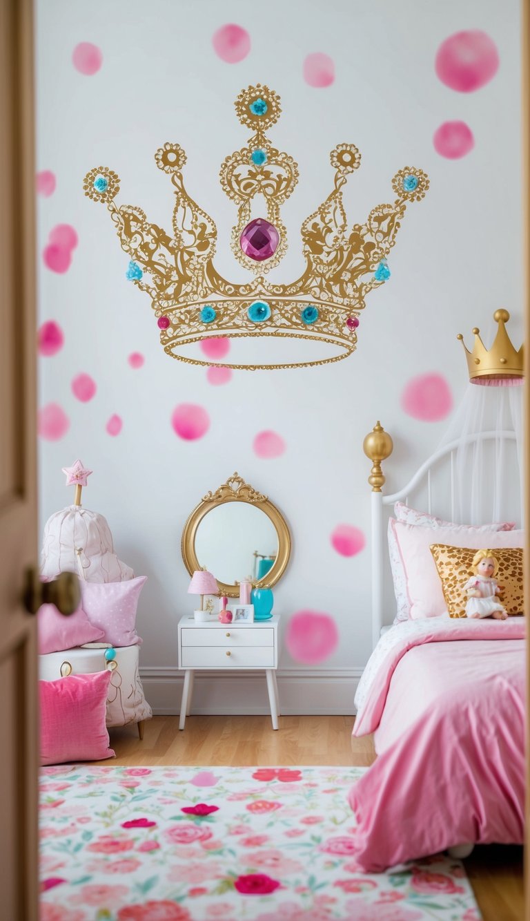 A whimsical princess crown wall decal surrounded by fairy-tale themed bedroom decor