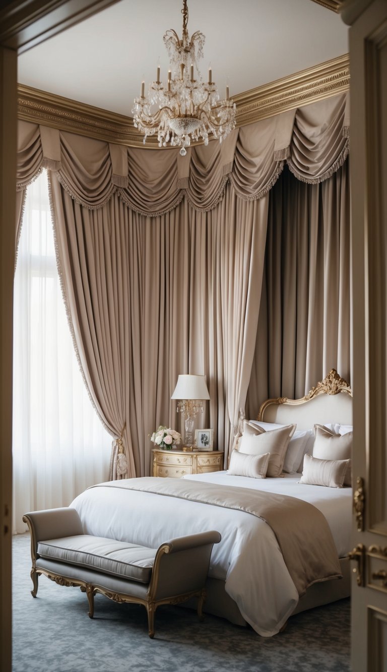 The opulent bedroom features floor-to-ceiling silk drapes in a soft, luxurious hue, creating a regal and elegant atmosphere