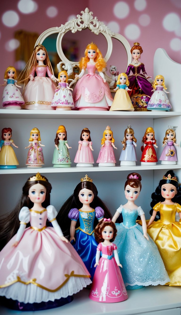 A display of porcelain princess dolls in a bedroom with 23 different princess-themed decor ideas