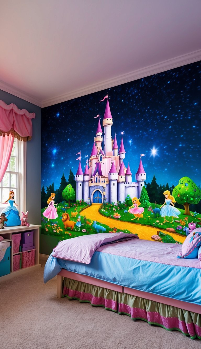 A magical castle with turrets and colorful gardens, surrounded by woodland creatures and fairies, set against a starry night sky