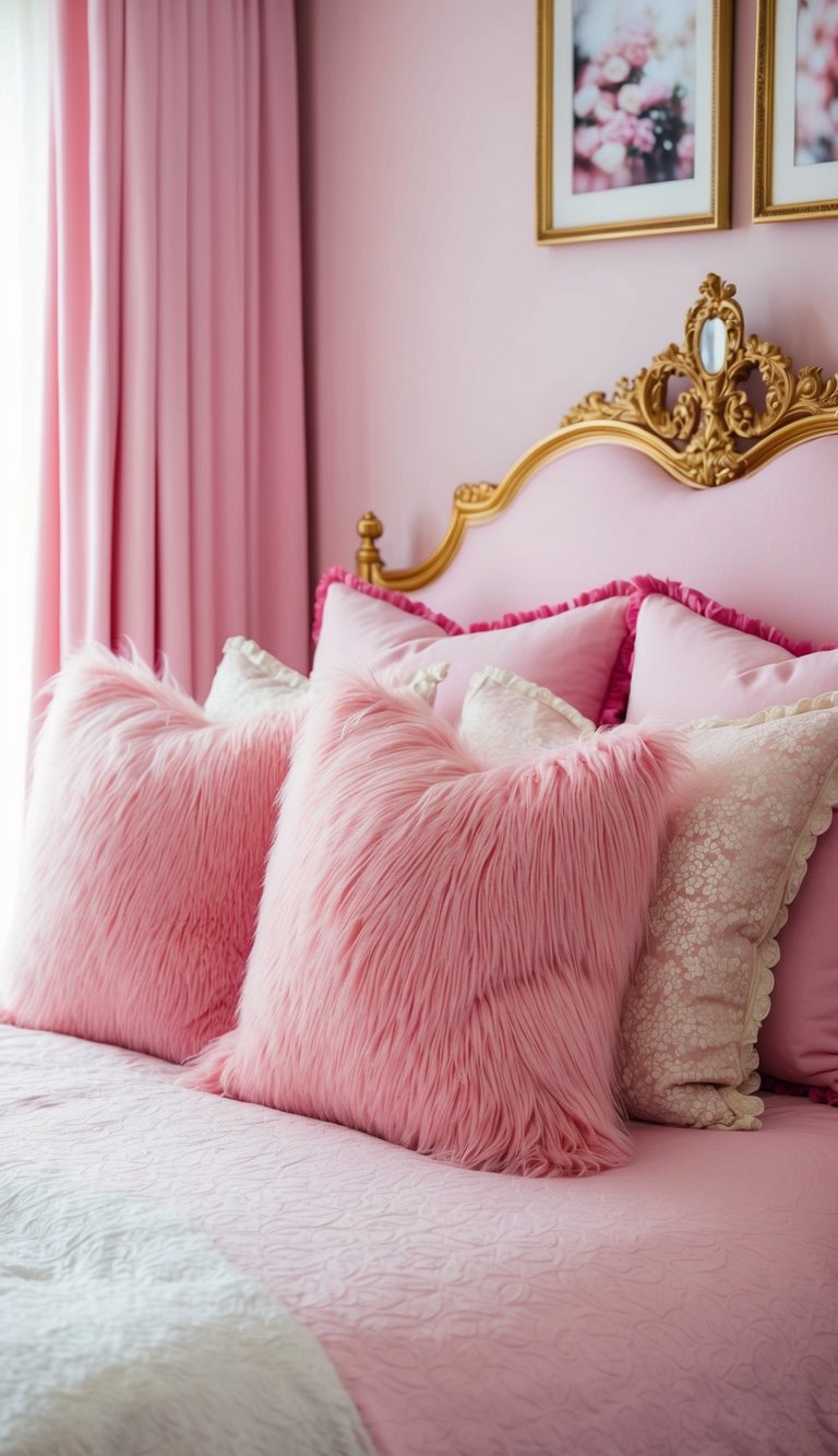 A bed covered in fluffy pink pillows surrounded by princess-themed decor