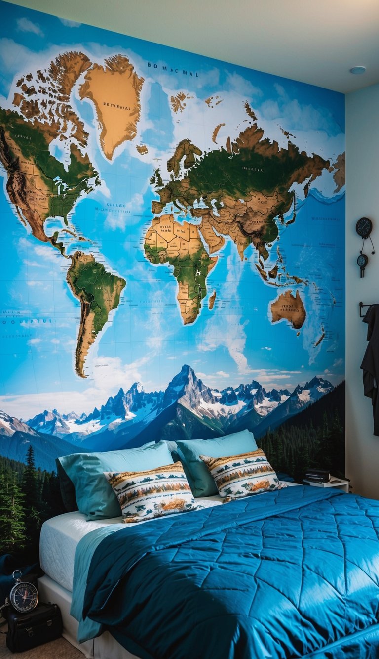 A large world map mural covers the bedroom wall, surrounded by images of mountains, forests, and oceans. A compass and adventure gear hang nearby