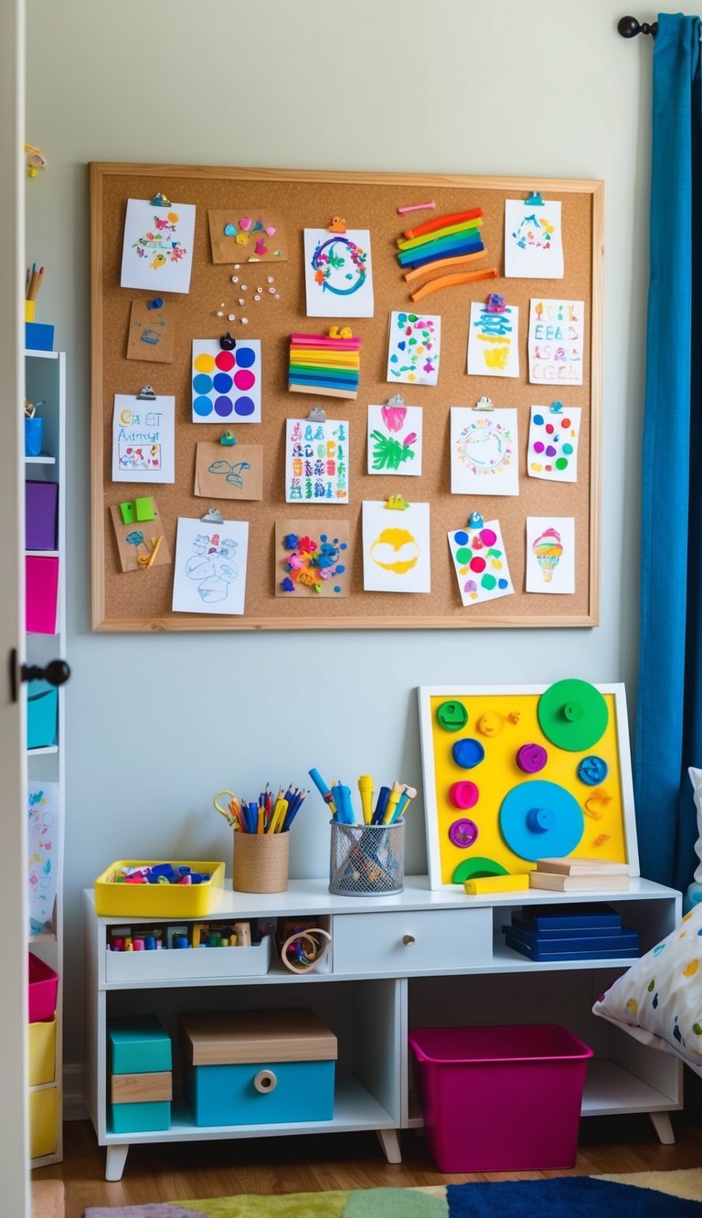 A cork board displays a colorful array of child's drawings, surrounded by craft supplies and finished DIY artwork in a young boy's bedroom