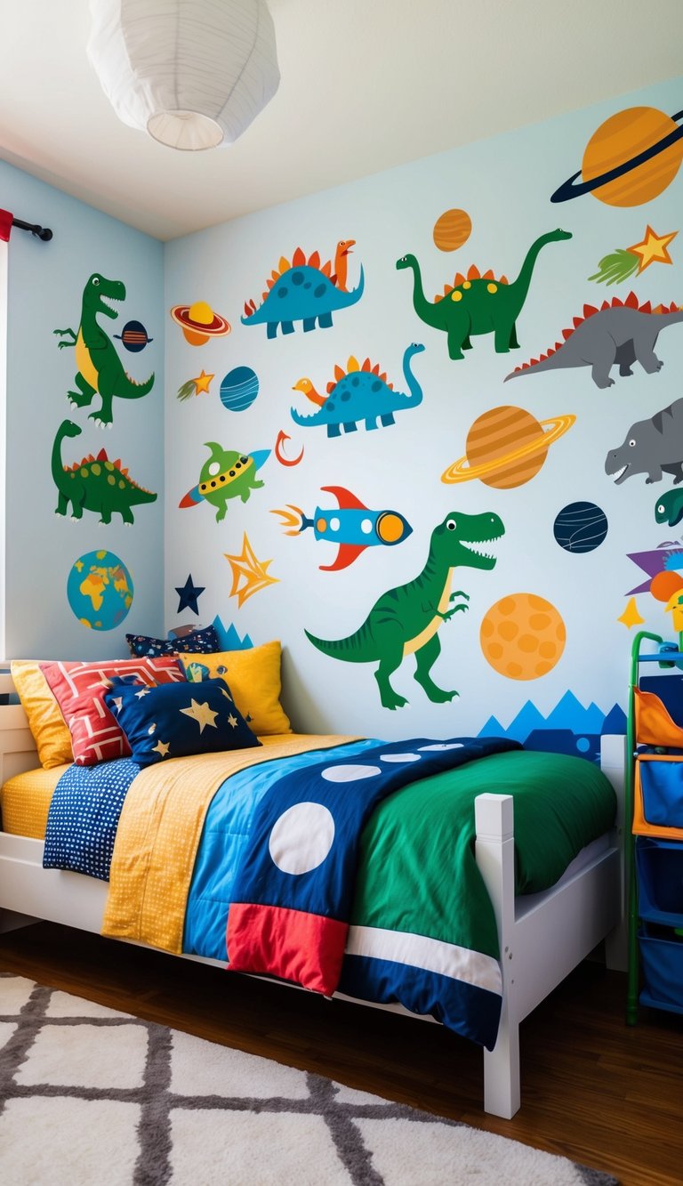 A young boy's bedroom with colorful peel-and-stick wall decals of dinosaurs, planets, and superheroes, creating a playful and imaginative atmosphere