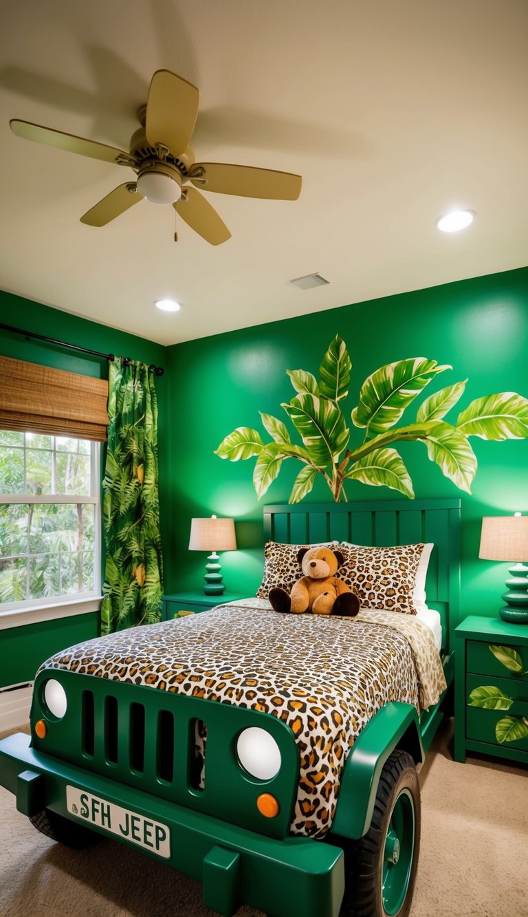 A jungle safari themed room with a bed shaped like a safari jeep, animal print bedding, and leafy green wall decals