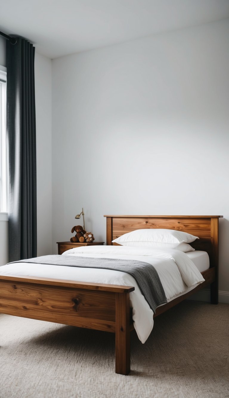 A wooden bed with white bedding in a tidy, minimalistic young boy's bedroom