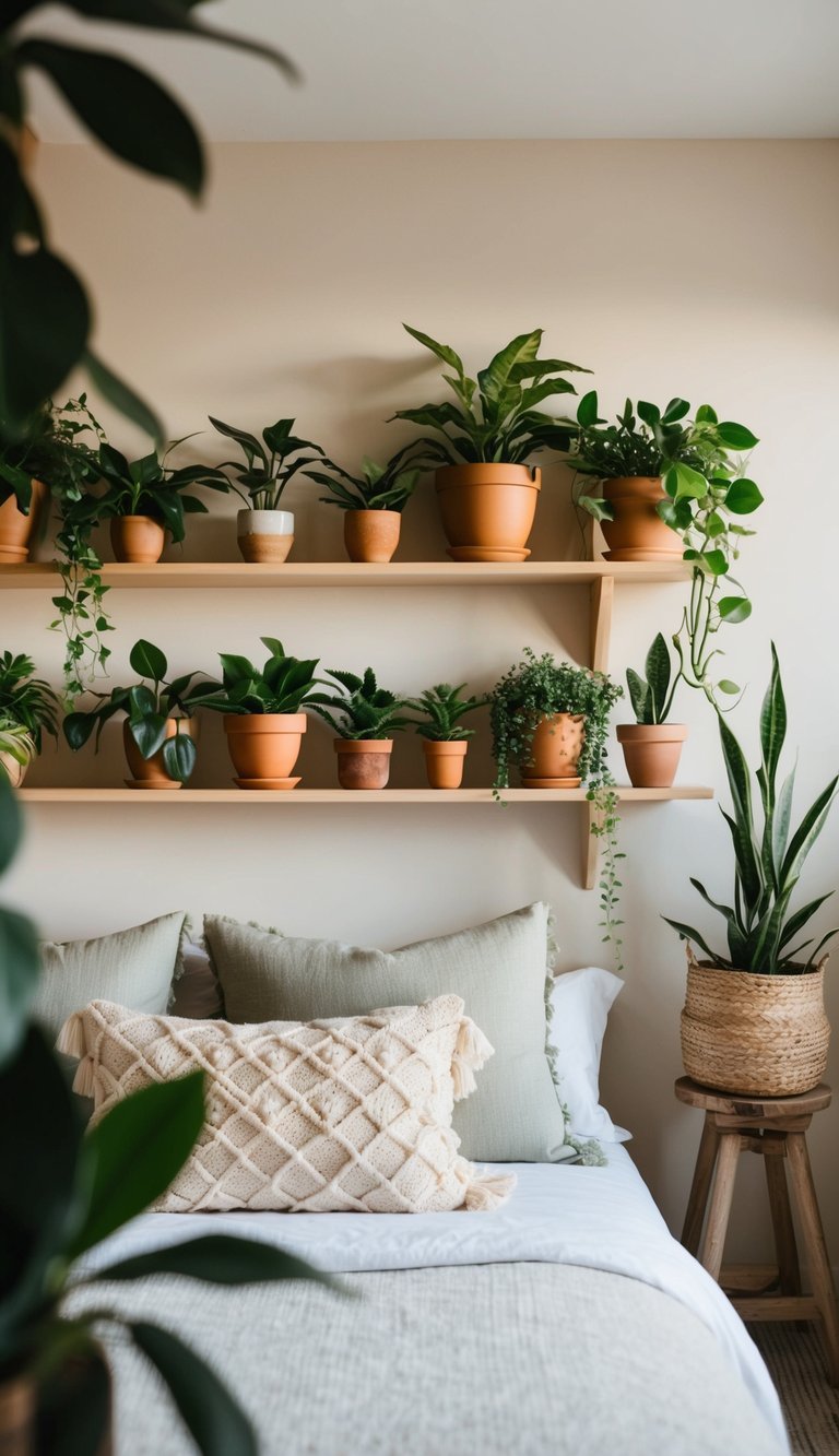 A cozy bedroom with shelves filled with potted plants, creating a natural and earthy atmosphere