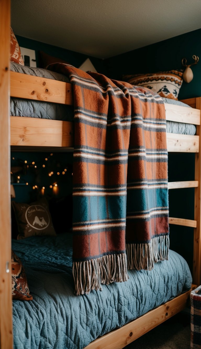 A cozy bedroom with a rustic Pendleton blanket draped over a bunk bed, surrounded by camping-themed decor and earthy colors