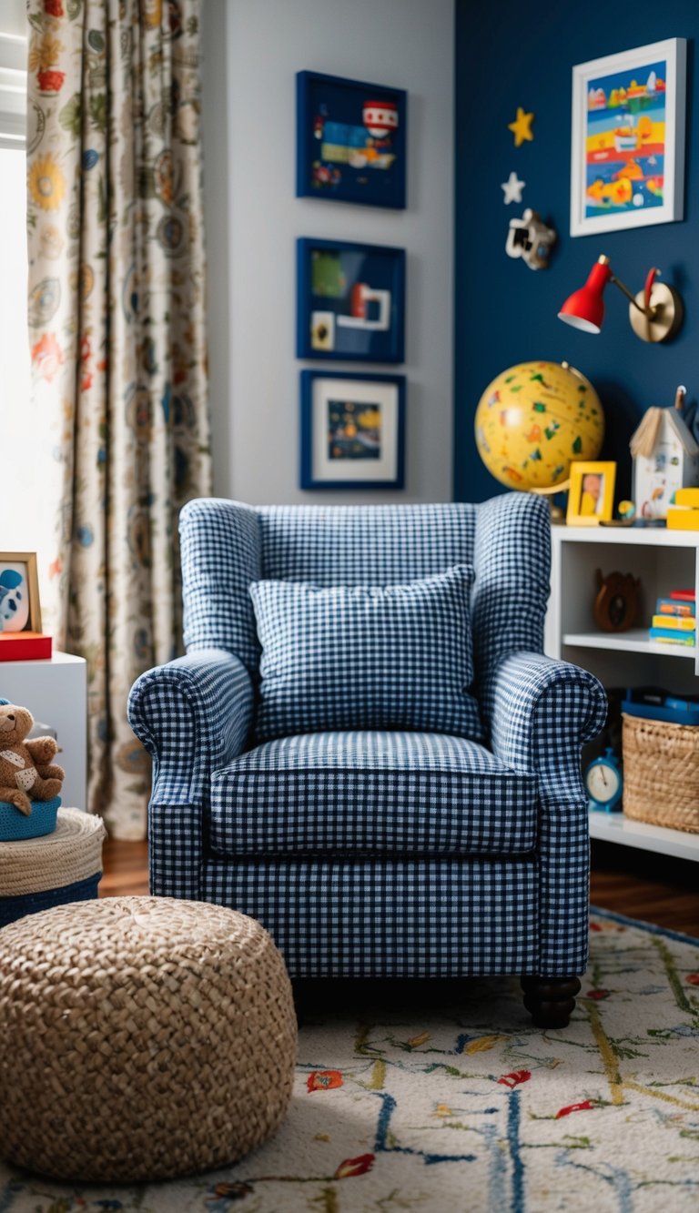 A cozy navy-check armchair in a young boy's bedroom surrounded by various decor and design elements