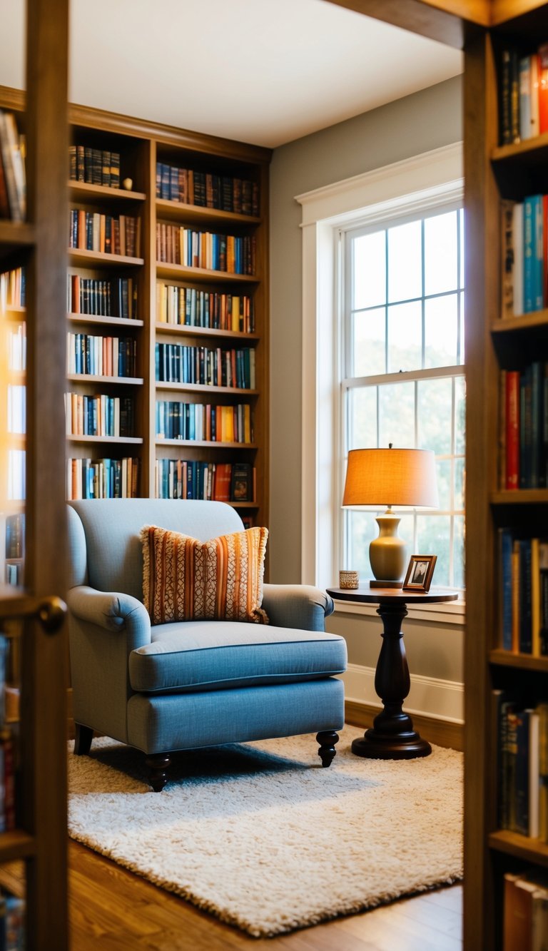 A cozy reading nook with an overstuffed armchair, bookshelves filled with colorful books, a soft rug, and a warm lamp