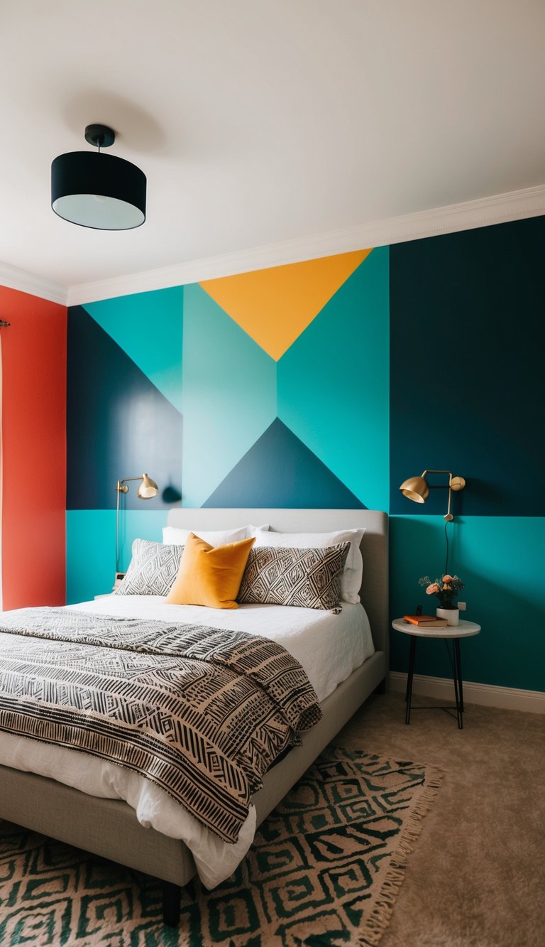 A bedroom with bold geometric wall paint in vibrant colors and patterns