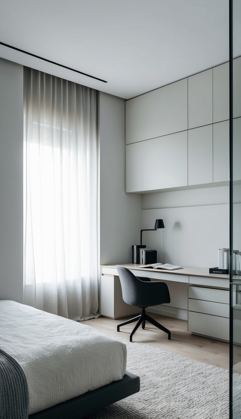 A sleek, minimalist bedroom with clean lines, neutral colors, and modern furniture. A desk area for studying, a cozy reading nook, and stylish storage solutions