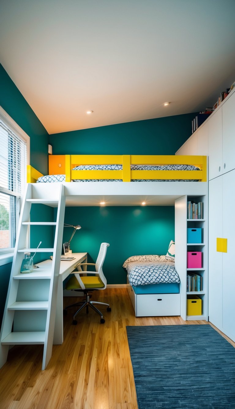 A split-level bedroom with a loft bed, study area, and storage solutions. Bright colors and functional furniture create a space-efficient and stylish design