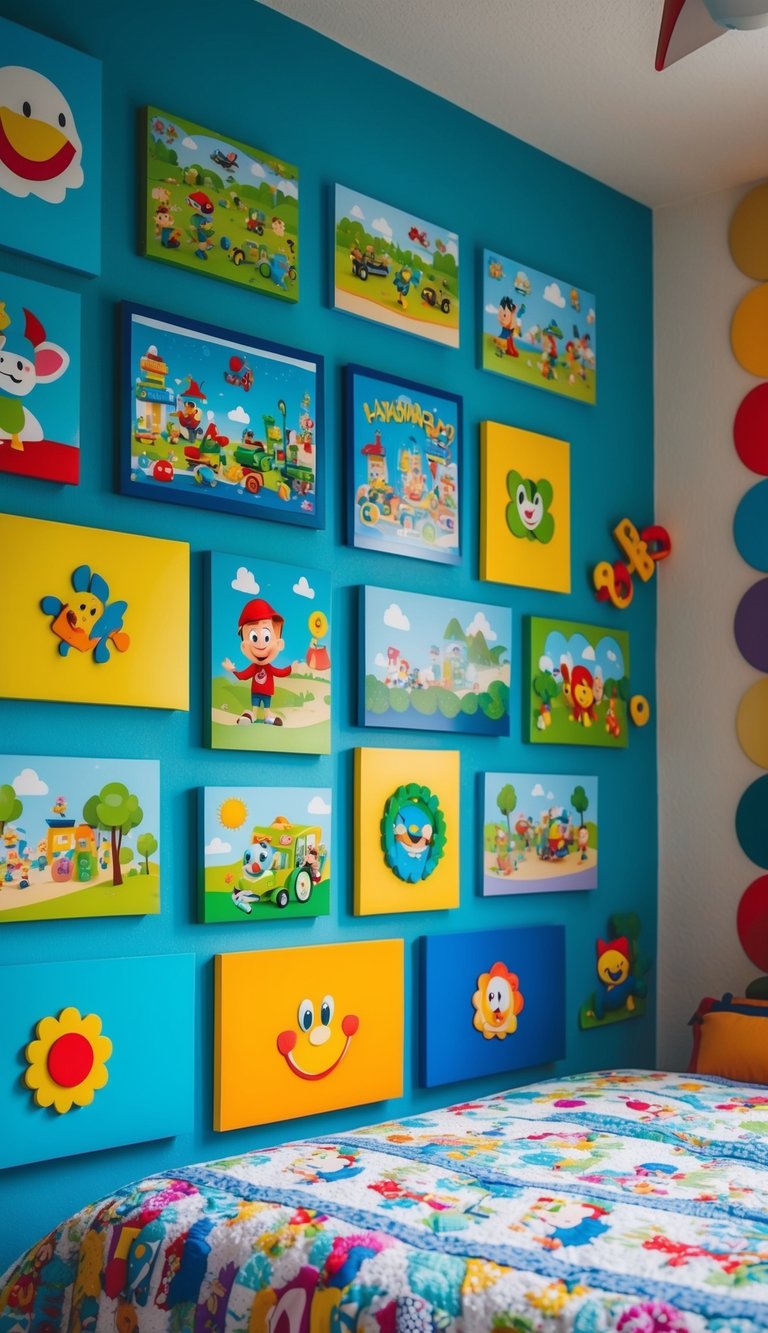 A colorful cartoon art wall decor with various playful and imaginative scenes, adding a lively and vibrant touch to a young boy's bedroom