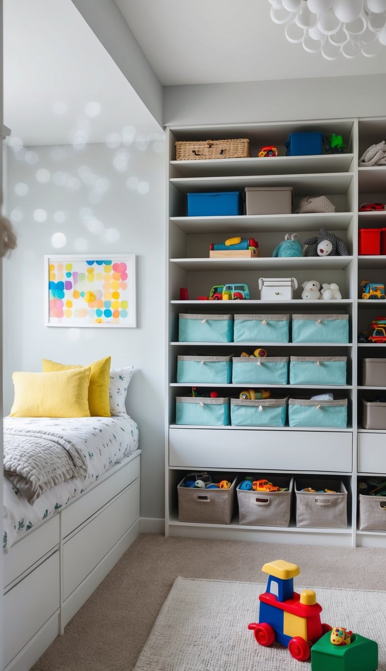 A tidy bedroom with built-in storage solutions, including shelves, drawers, and bins for organizing toys and clothes