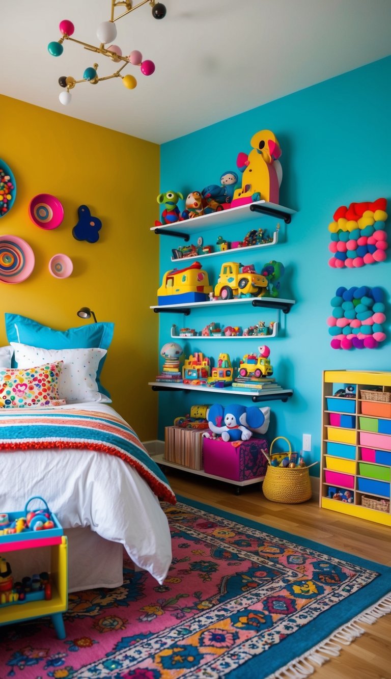 A bedroom filled with colorful, playful decor, including toy-filled shelves, a vibrant rug, and whimsical wall art