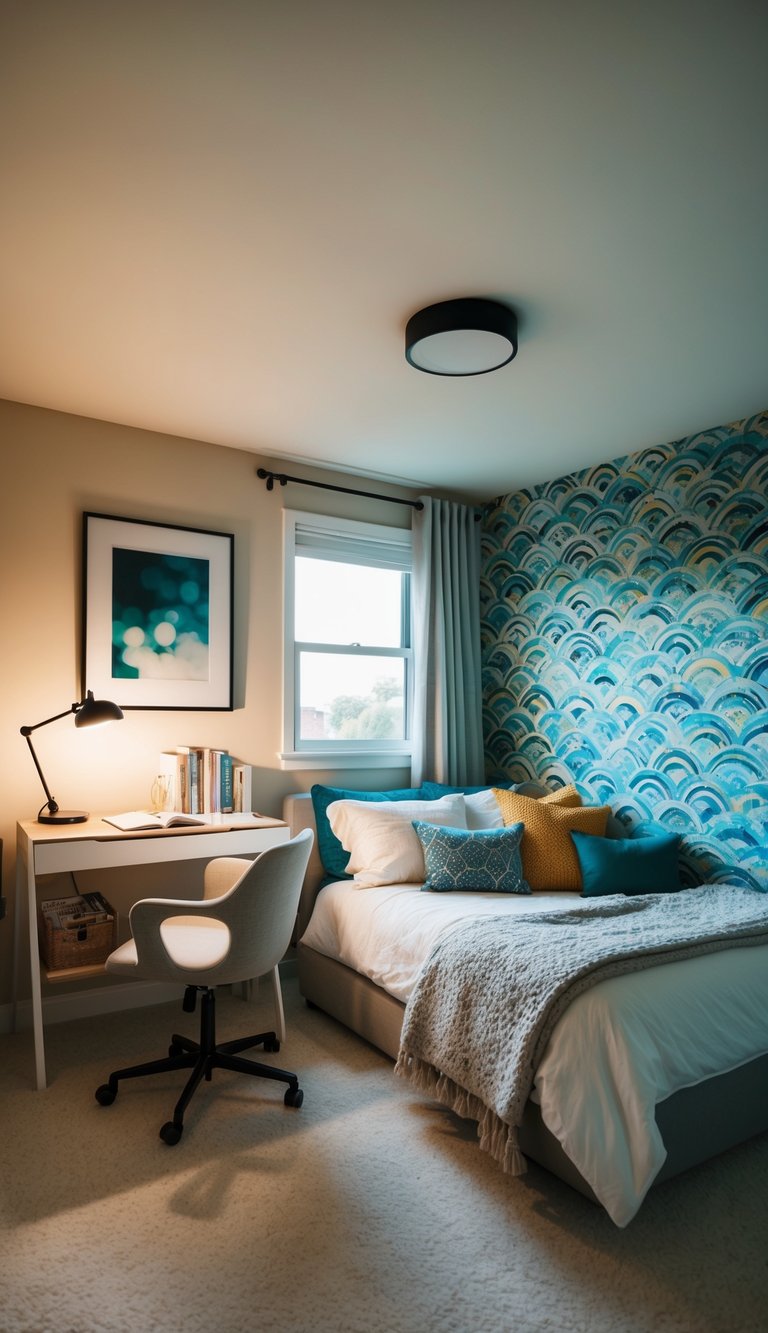 A cozy bedroom with soft lighting, a clutter-free desk, and a comfortable reading nook surrounded by calming colors and dynamic patterns