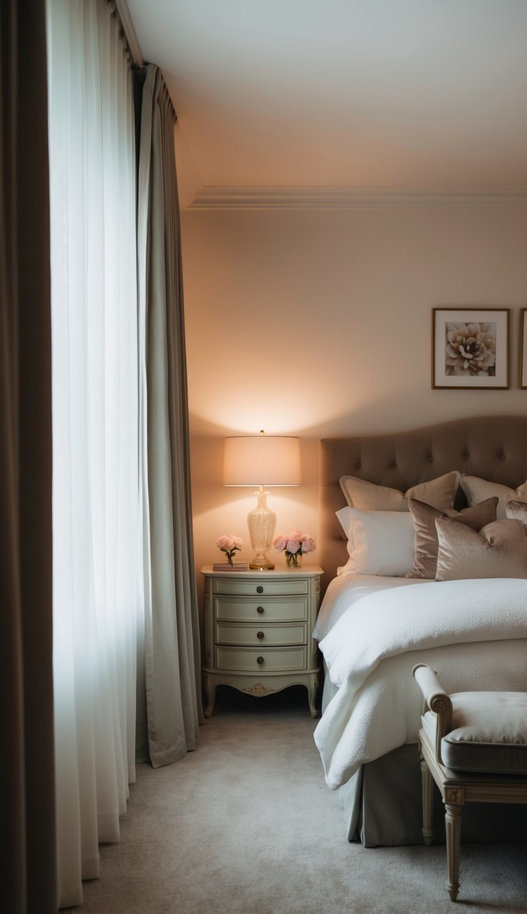 Soft, ambient lighting fills a cozy bedroom, casting gentle shadows on a plush bed, elegant nightstands, and romantic decor