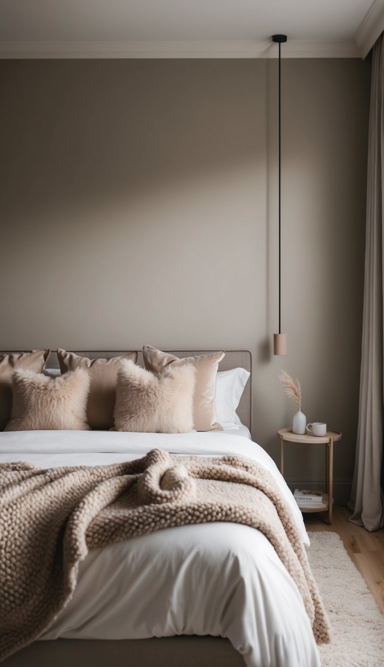 A cozy bedroom with soft, muted colors. A large, comfortable bed with fluffy pillows and warm blankets. Subtle lighting and minimal decor create a peaceful atmosphere