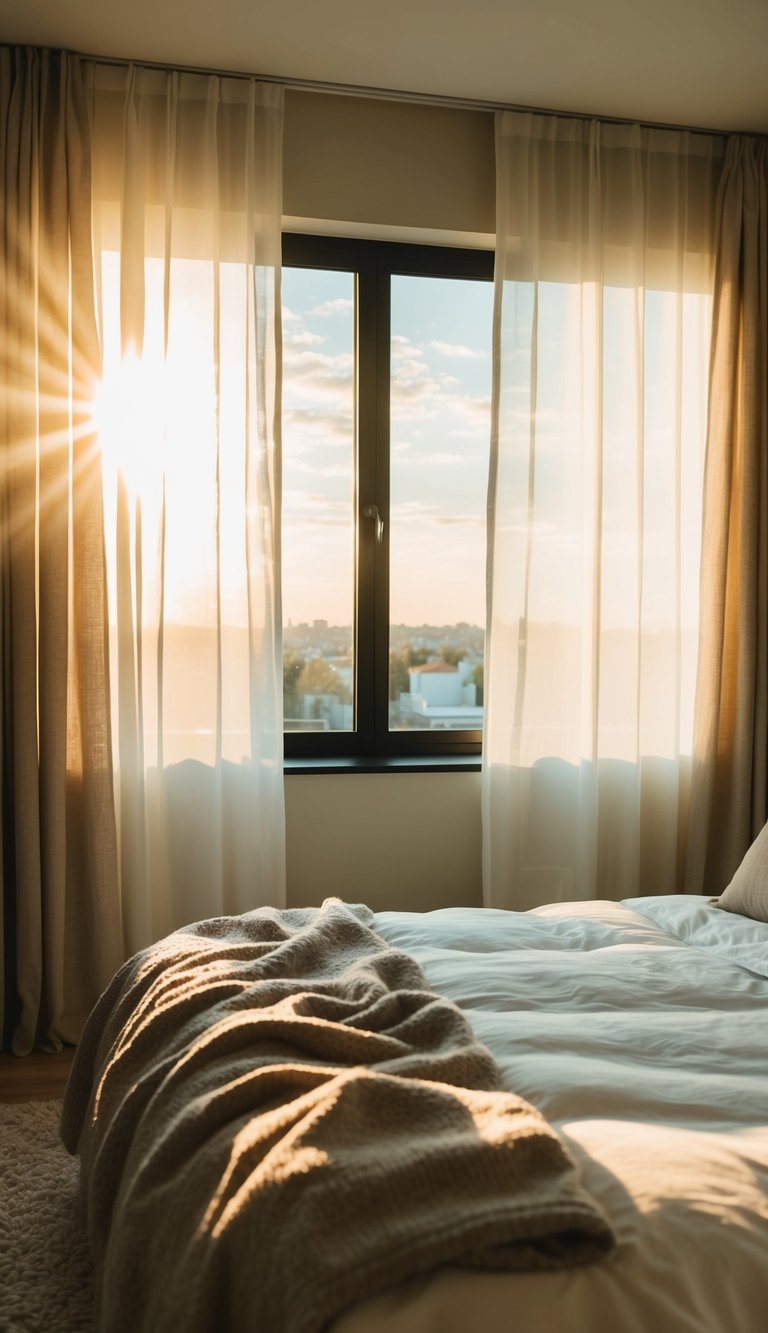 Sunlight filters through billowy curtains in a cozy bedroom, casting a romantic glow on the space