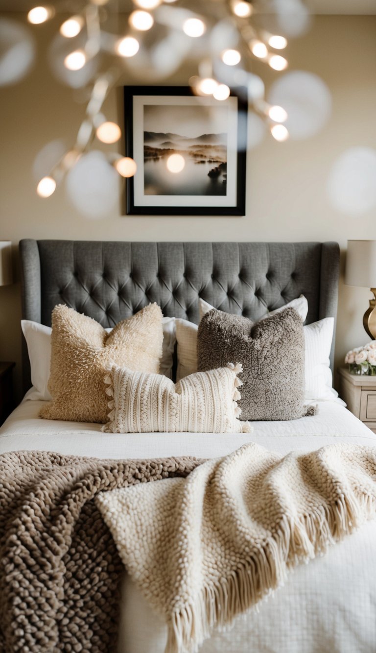 A cozy bedroom with plush throws and pillows in various textures, arranged in a romantic and inviting manner for a couple