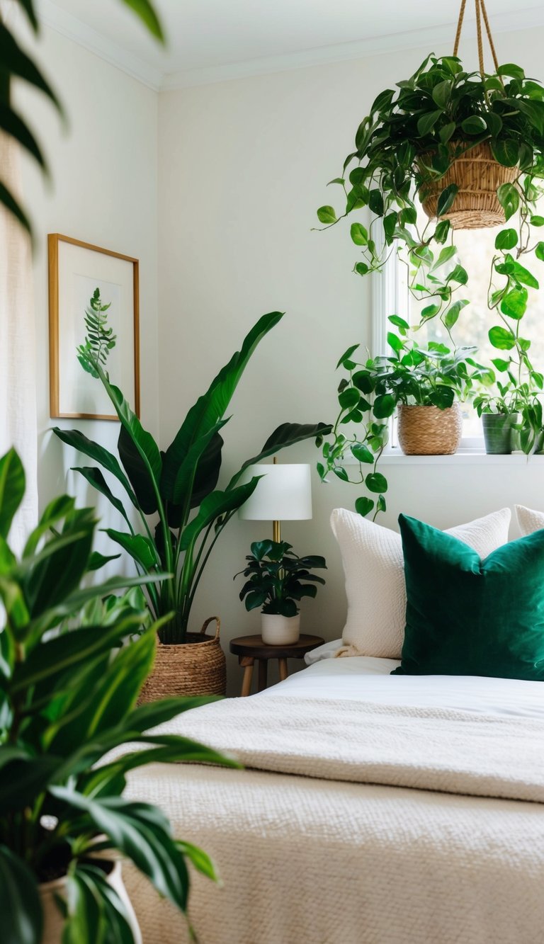 Lush green plants adorn a cozy bedroom, adding a touch of nature to the space