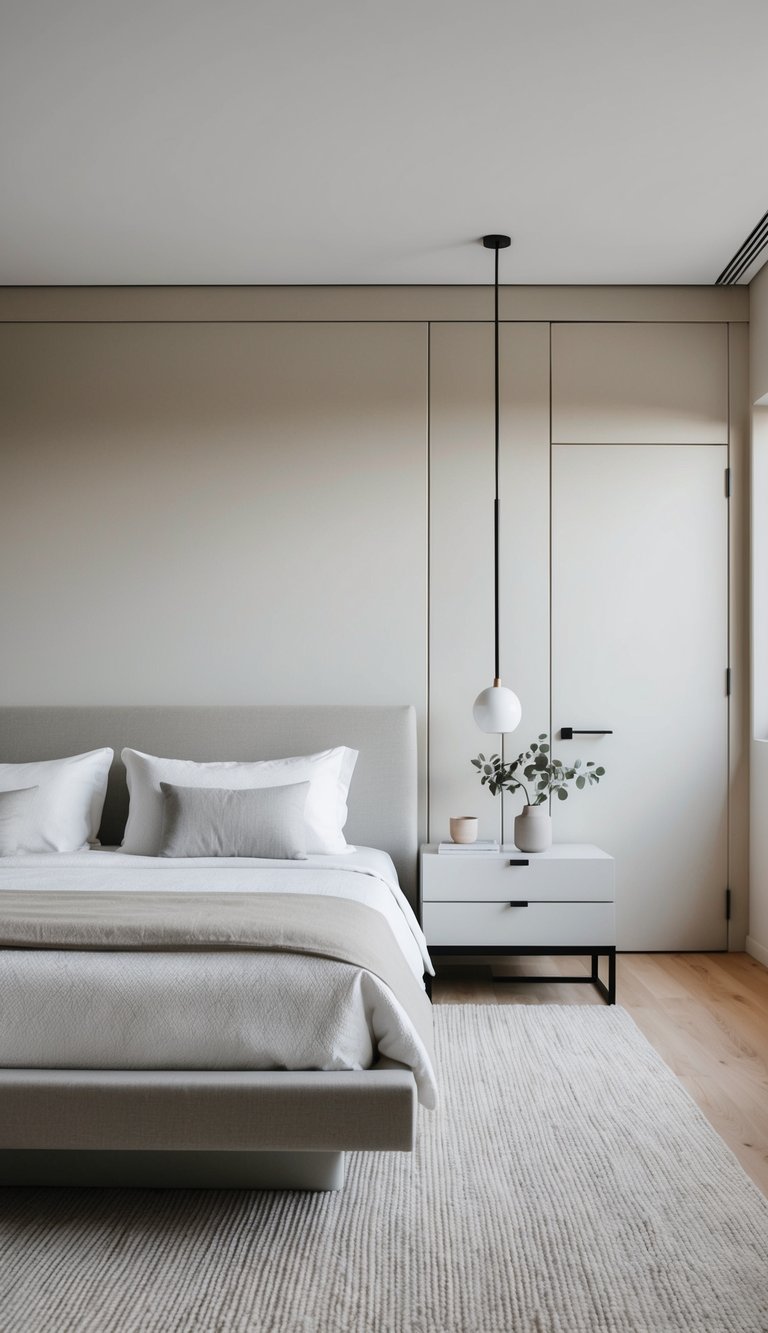 A simple bedroom with clean lines, neutral colors, and sleek furniture for a couple