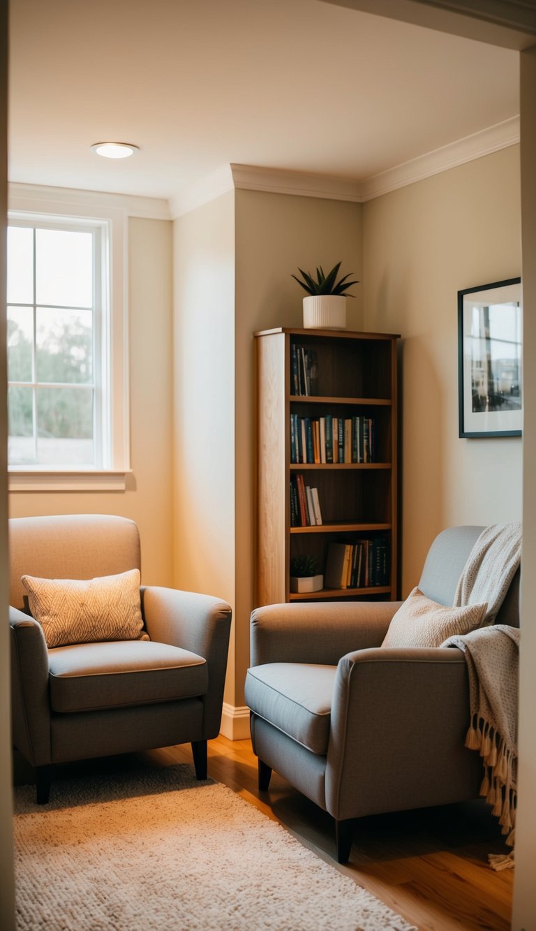 A warm, well-lit corner with two comfy armchairs, a small bookshelf, and soft throw blankets