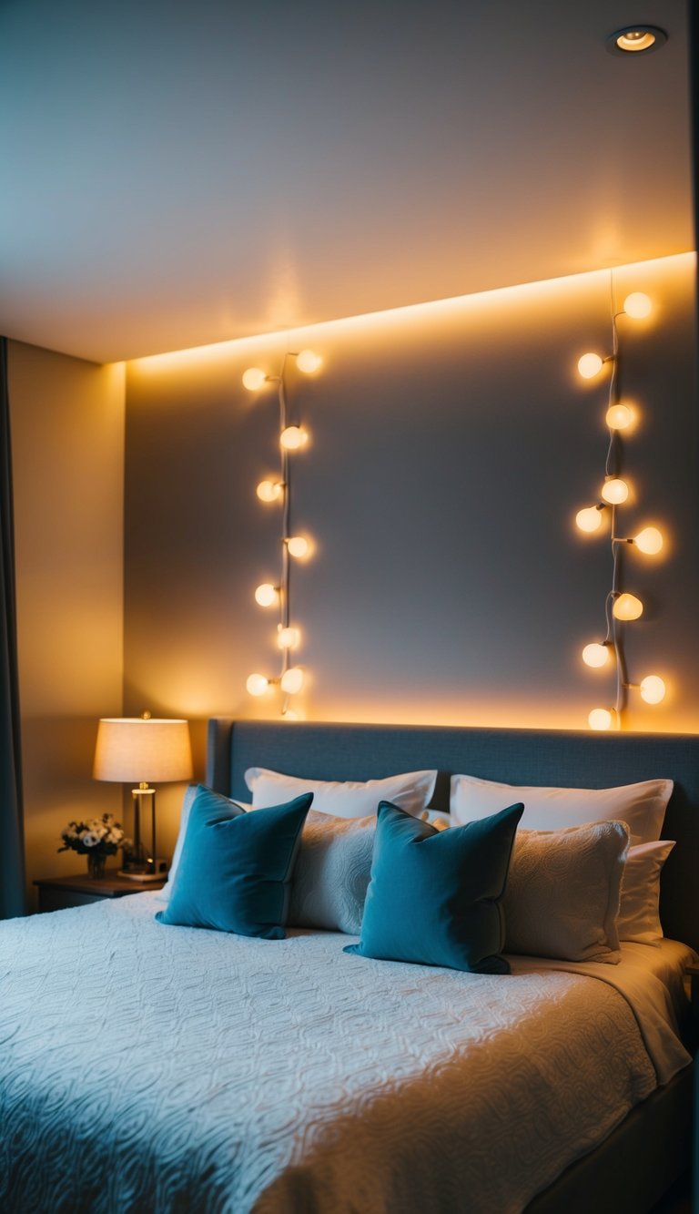 A cozy bedroom with a king-sized bed, soft pillows, and dimmable lights casting a warm glow, creating a romantic and intimate atmosphere for couples