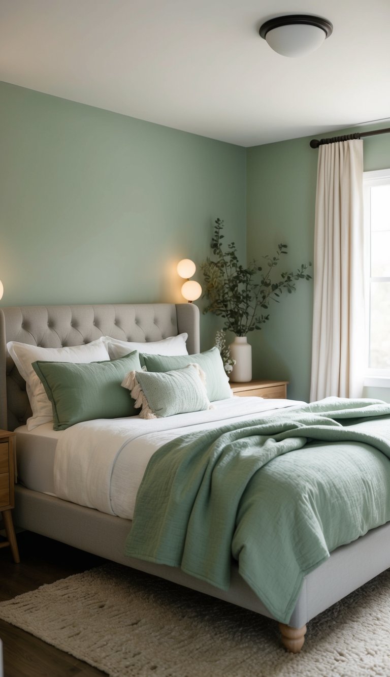 A cozy sage green bedroom with a plush bed, soft throw blankets, and natural wood furniture. Subtle botanical accents and soft lighting create a serene atmosphere