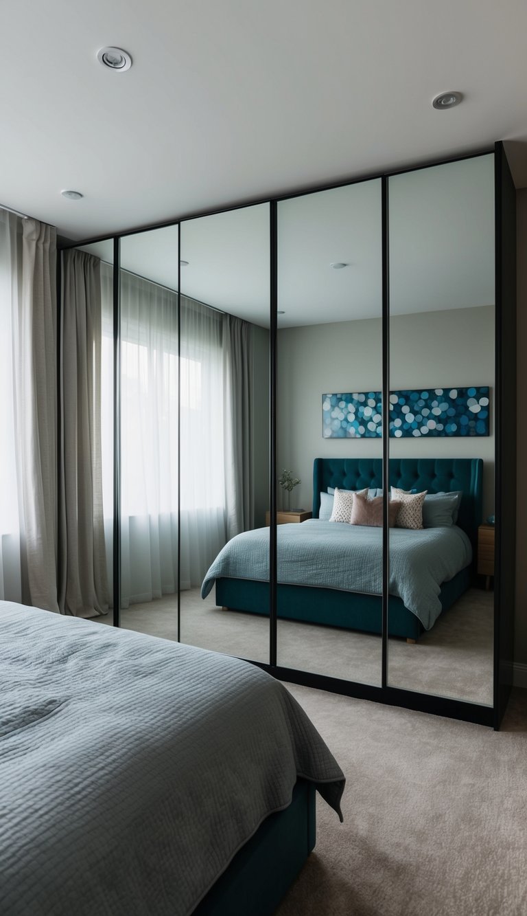 A bedroom with a large mirrored wardrobe reflecting the spacious layout and creating the illusion of a bigger, brighter space