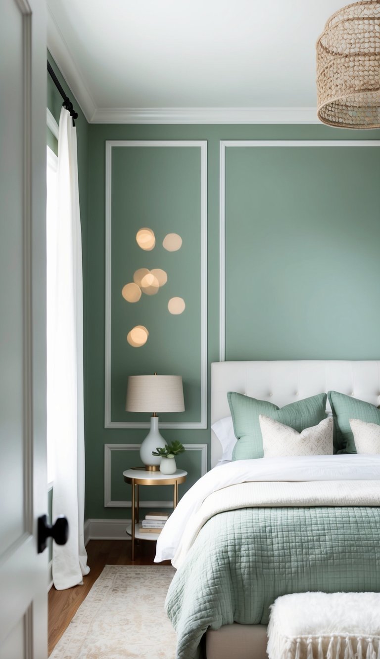 Sage green walls with white trim, soft lighting, and cozy bedding in a serene bedroom setting