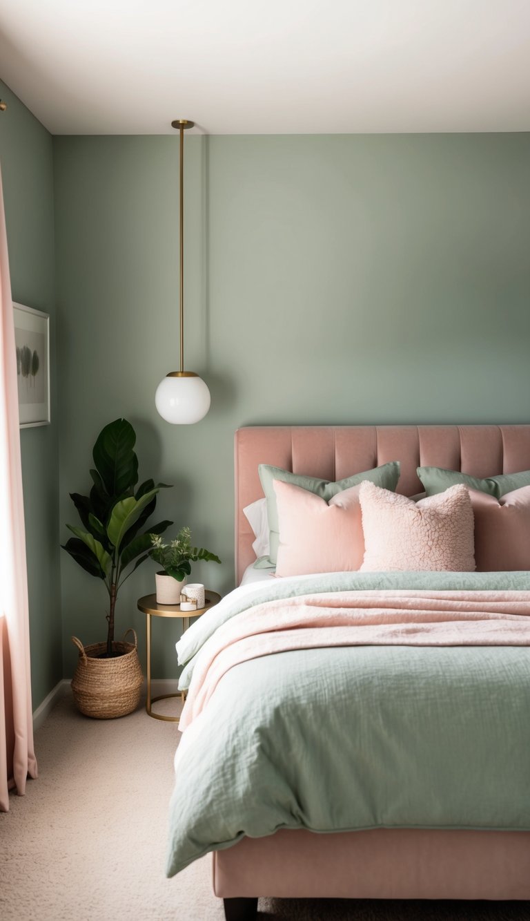 A serene bedroom with sage green walls and blush pink accents. Cozy bedding, soft lighting, and potted plants create a tranquil atmosphere