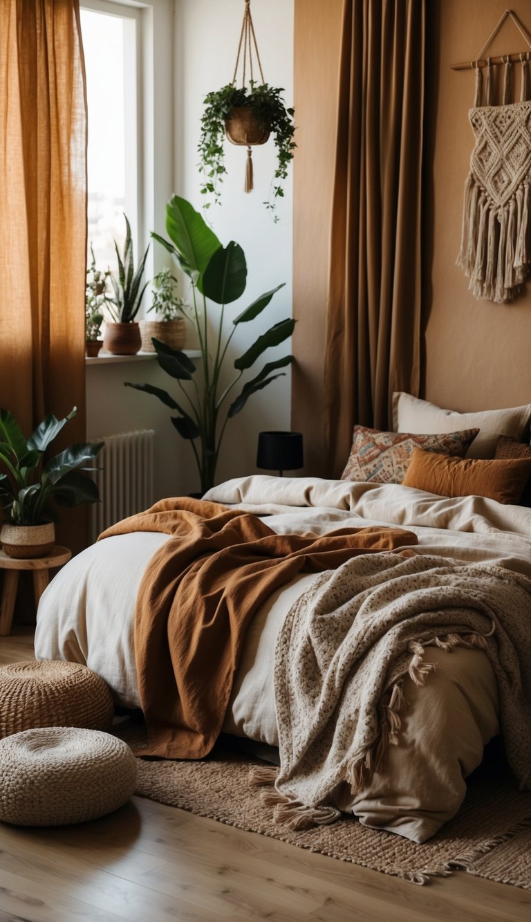 A cozy bedroom with warm earth tones, draped fabrics, and natural textures. A mix of patterns and plants create a bohemian vibe