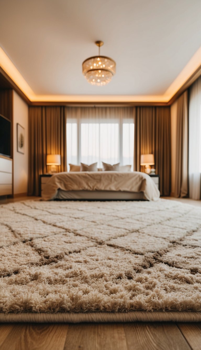 A plush, elegant area rug in a spacious bedroom with warm lighting and a cozy atmosphere