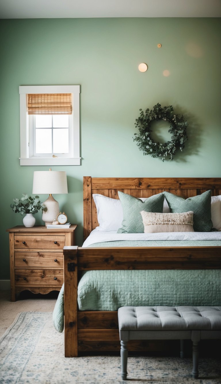 A cozy bedroom with rustic wood furniture and sage green decor