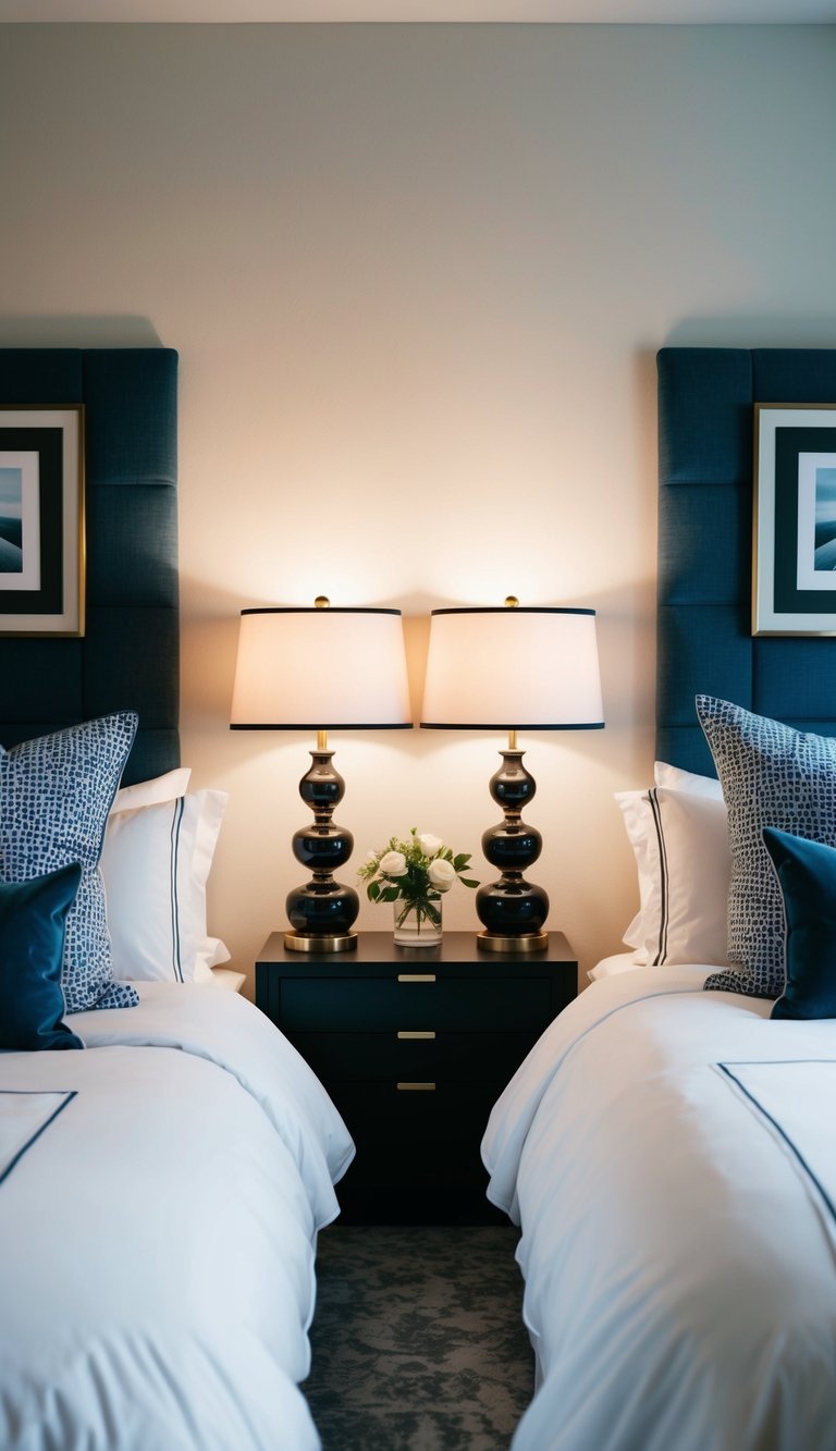 Two identical bedside lamps illuminate a modern, symmetrical bedroom with matching decor for a couple