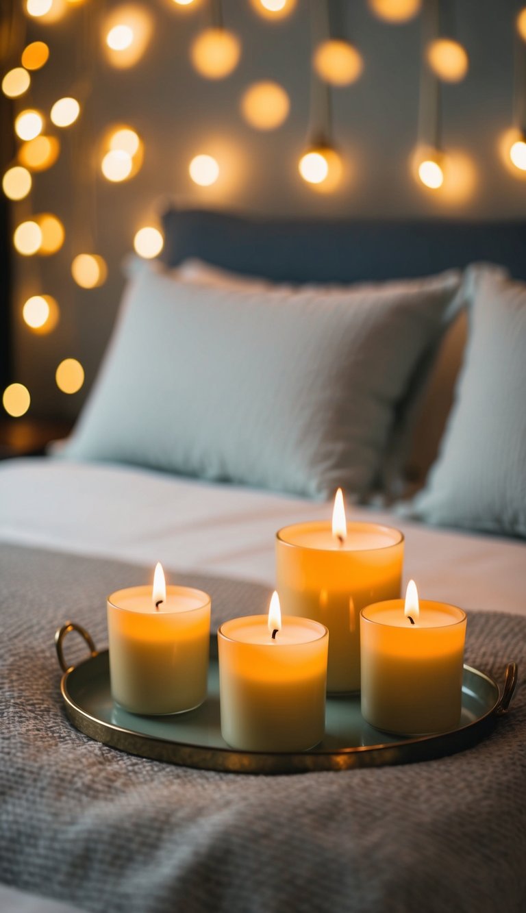 A cozy bedroom with soft lighting from scented candles, creating a romantic ambiance for couples