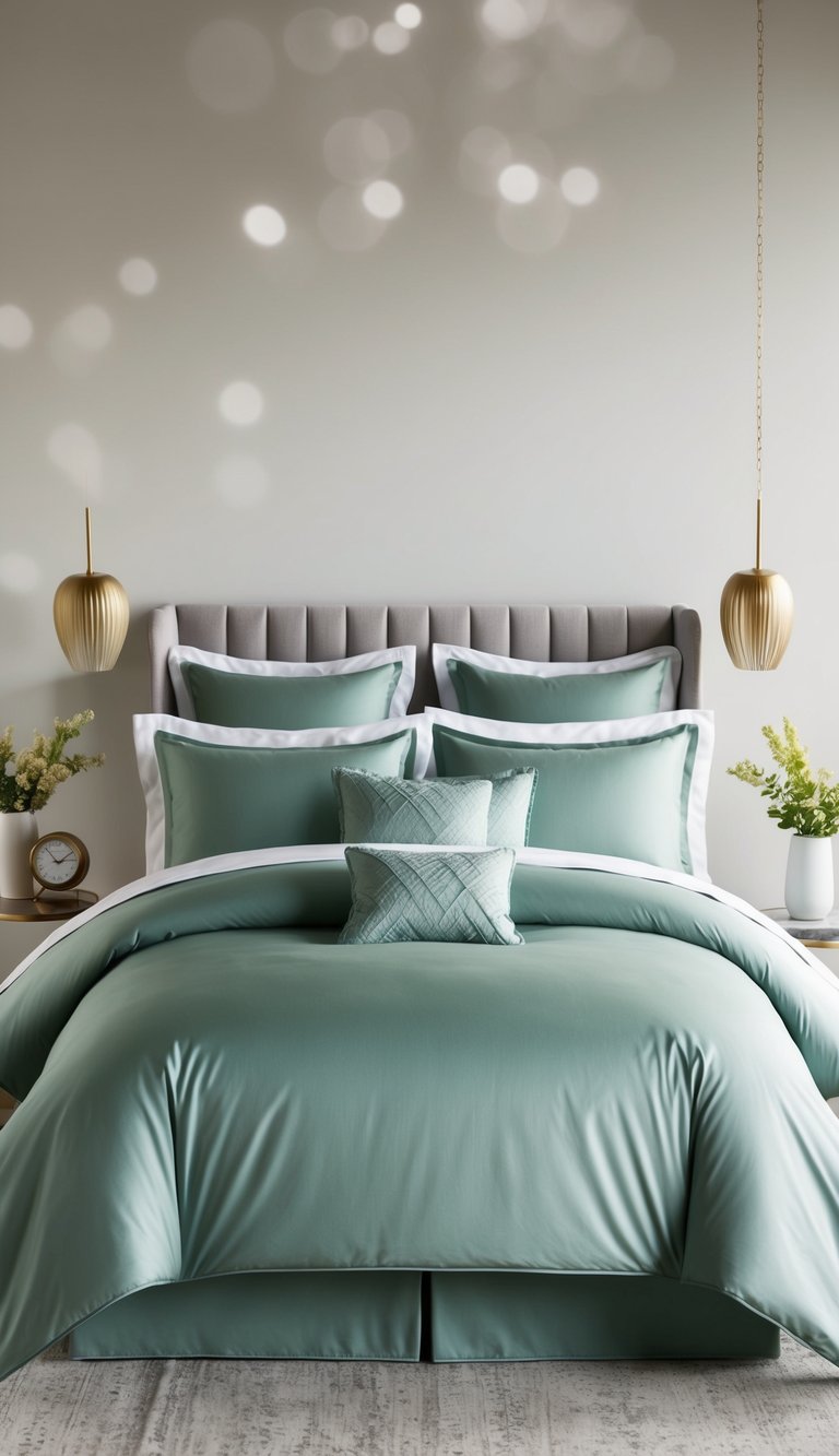 A luxurious sage green bedding set on a bed, surrounded by matching decor and accents in a serene bedroom setting