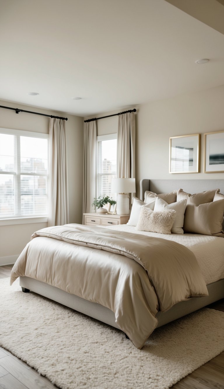 A cozy bedroom with a king-sized bed adorned with soft, silky linens in a neutral color palette. A plush throw blanket and a few decorative pillows complete the inviting look