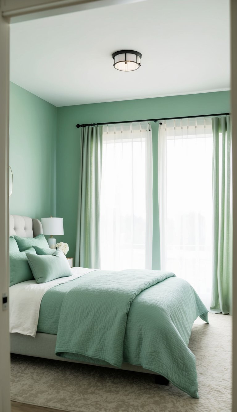 A serene bedroom with sage green walls, bedding, and decor. Natural light filters through sheer curtains, casting a soft glow on the room's soothing color palette