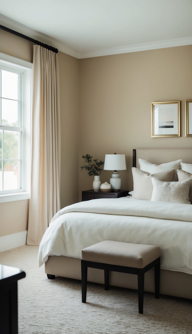 A minimalist bedroom with beige walls and simple decor