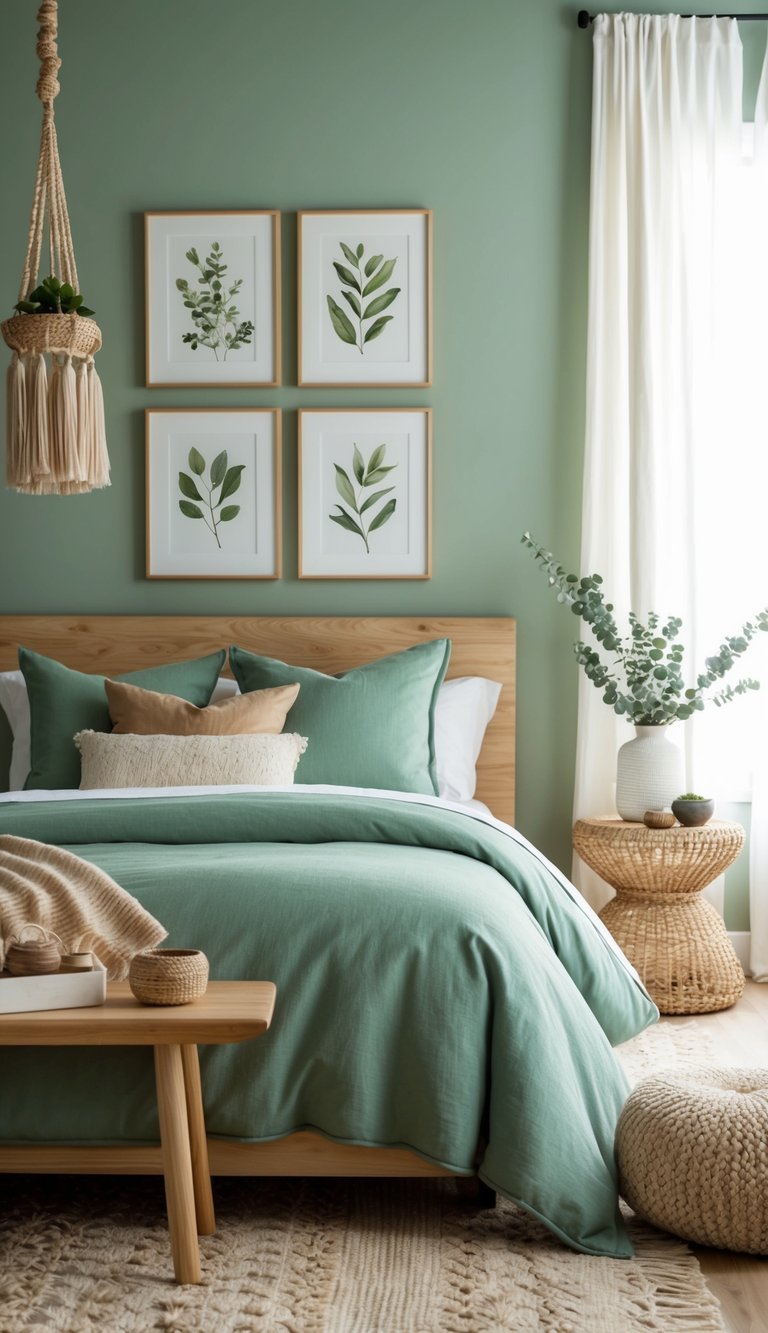 A cozy bedroom with sage green walls adorned with botanical prints, complemented by natural wood furniture and soft, earthy-toned textiles