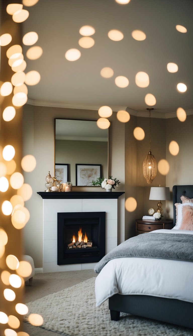 A cozy bedroom with a wall-mounted fireplace, surrounded by romantic decor and soft lighting