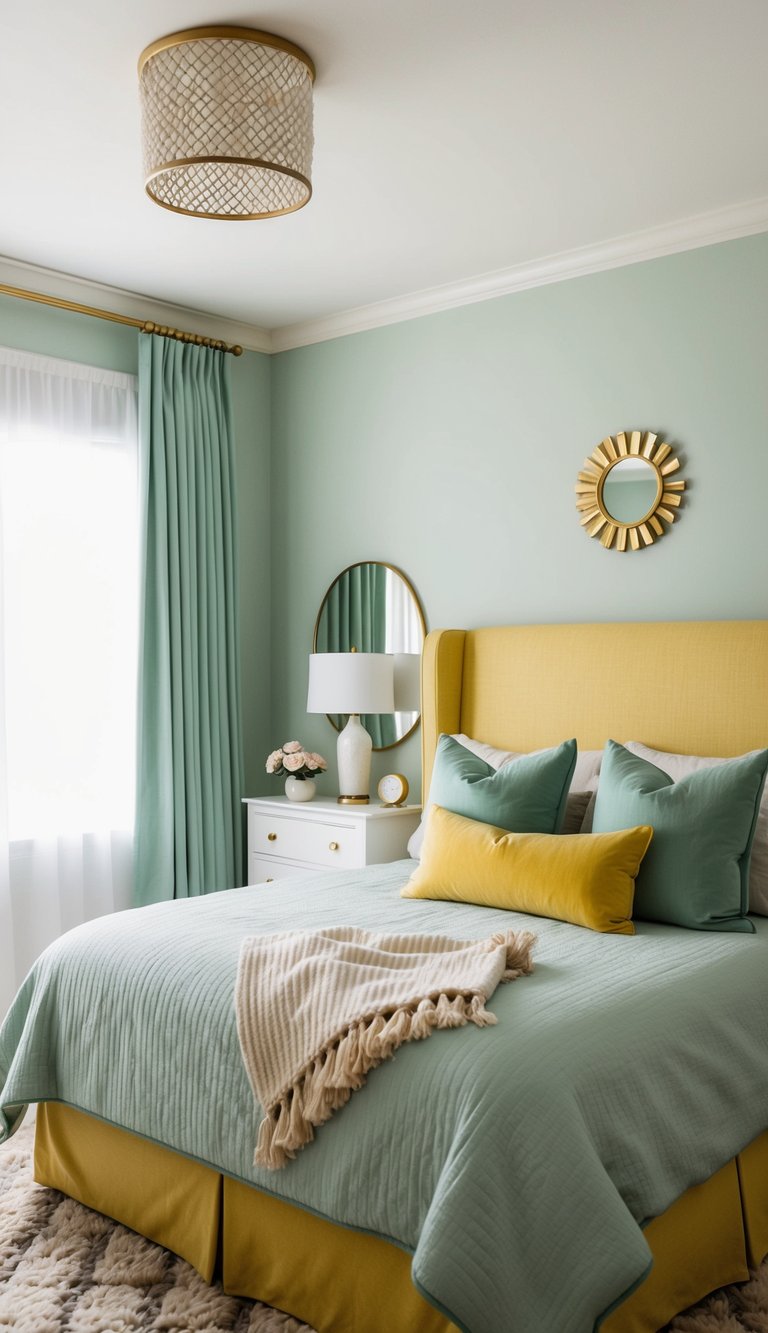 A serene bedroom with sage green and yellow accents, including throw pillows, curtains, and a cozy area rug