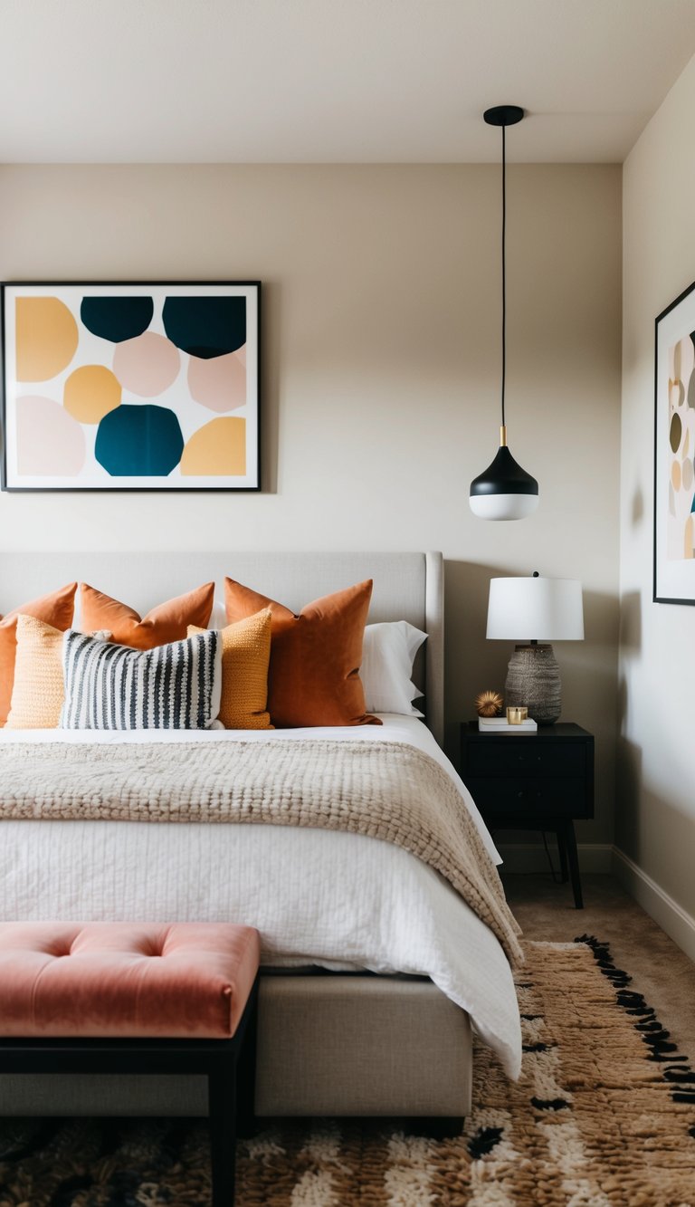 A cozy bedroom with neutral tones, accented by bold pops of color in the form of throw pillows, a rug, and artwork